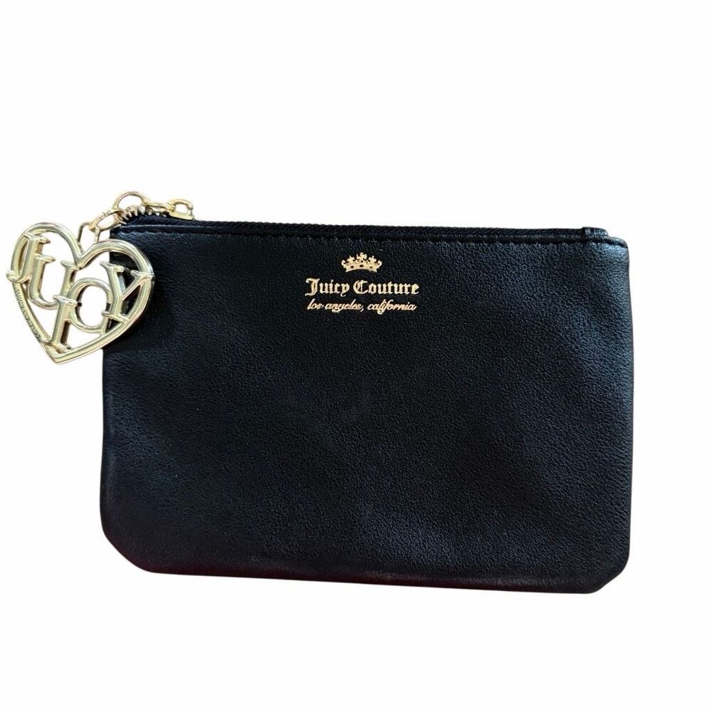 Juicy Couture Black Faux Leather Zipper Pouch Gothic Status Wristlet Cosmetic Ba